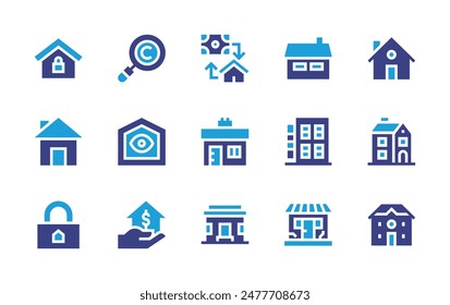 Property icon set. Duotone color. Vector illustration. Containing search, smarthome, house, mortgage, mortgageloan, cottage, security, home, apartments.