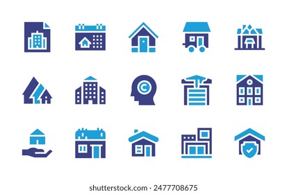 Property icon set. Duotone color. Vector illustration. Containing brain, property, house, houses, invoice, home, calendar, garage, cottage, officebuilding.