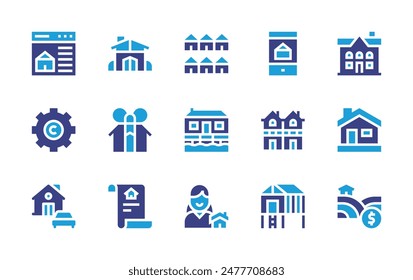 Property icon set. Duotone color. Vector illustration. Containing home, house, land, newhouse, terracedhouse, broker, contract, duplex, cabin, realestate.