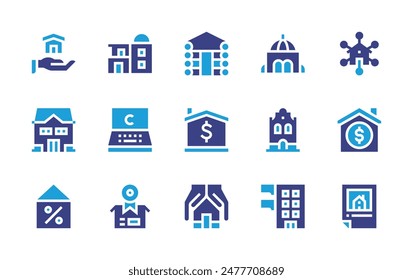 Property icon set. Duotone color. Vector illustration. Containing laptop, property, house, home, trademark, log, forsale, homeinsurance, contract, family, inheritance.