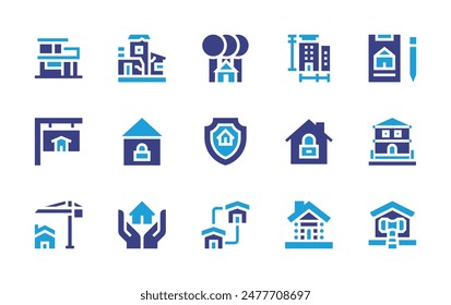 Property icon set. Duotone color. Vector illustration. Containing property, poor, quarantine, measure, cabin, house, mortgage, forsale, dwelling, crane.
