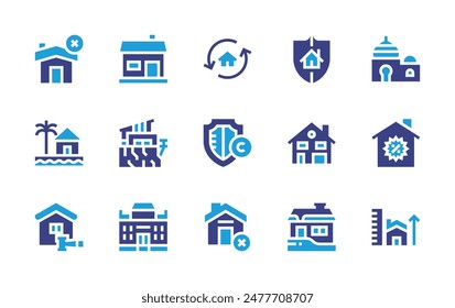 Property icon set. Duotone color. Vector illustration. Containing protection, house, cancelled, mansion, refresh, realestate, measure.