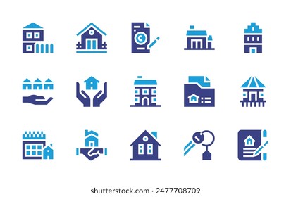 Property icon set. Duotone color. Vector illustration. Containing intellectualproperty, documents, contract, town, cottage, house, housekey, cabin, deal, inheritance.