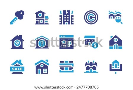 Property icon set. Duotone color. Vector illustration. Containing intellectualproperty, home, realestate, valuation, house, bankrupt, key, sale, cottage, search.