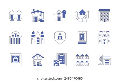 Property icon set. Duotone style line stroke and bold. Vector illustration. Containing realestate, home, terracedhouse, insurance, mortgage, mansion, house, clipboard, buyhome.