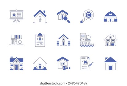 Property icon set. Duotone style line stroke and bold. Vector illustration. Containing search, property, contract, stayhome, house, poor, presentation, home, cabin.