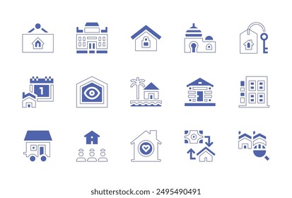 Property icon set. Duotone style line stroke and bold. Vector illustration. Containing property, smarthome, house, mansion, mortgage, apartments, search, inheritance, cabin.