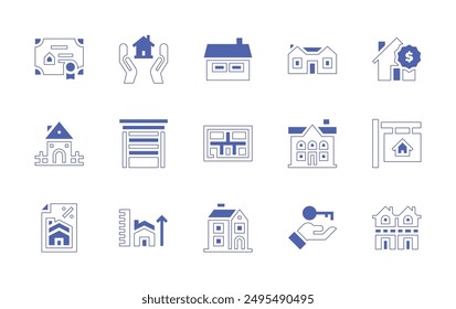 Property icon set. Duotone style line stroke and bold. Vector illustration. Containing property, houseforsale, house, duplex, home, storage, measure, mortgage.