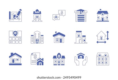 Property icon set. Duotone style line stroke and bold. Vector illustration. Containing size, home, house, realestate, architecture, garage, village, locationpin, mortgage.