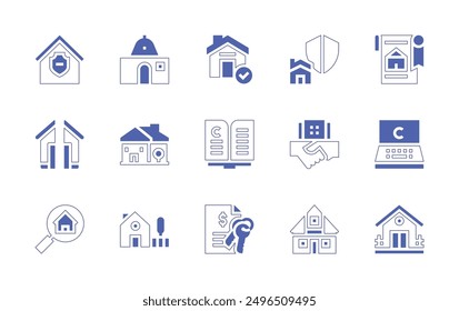 Conjunto de iconos de propiedad. Estilo duotono trazo de línea y negrita. Ilustración vectorial. Conteniendo elegido, casa, trato, división, bienes raíces, hipoteca, casa de campo, directriz, hogar, seguridad.