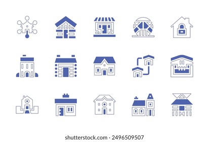 Property icon set. Duotone style line stroke and bold. Vector illustration. Containing cottage, quarantine, house, stilthouse, cabin, inheritance.