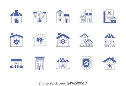 Property icon set. Duotone style line stroke and bold. Vector illustration. Containing mansion, insurance, cabin, homerepair, house, security, brokenheart, cottage, flat.