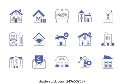 Property icon set. Duotone style line stroke and bold. Vector illustration. Containing home, house, key, mail, realestate, mansion, cancelled, apartment, publicity.