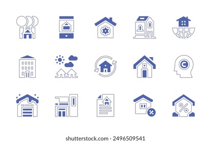 Property icon set. Duotone style line stroke and bold. Vector illustration. Containing brain, houses, realestate, cabin, house, christmas, contract, apartments, home, homerepair.