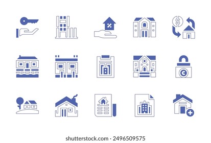 Property icon set. Duotone style line stroke and bold. Vector illustration. Containing lock, property, add, house, key, mortgage, new, container, invoice, mansion.