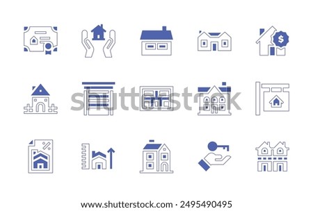 Property icon set. Duotone style line stroke and bold. Vector illustration. Containing property, houseforsale, house, duplex, home, storage, measure, mortgage.