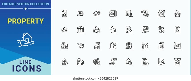 Property icon set. Featuring estate, mortgage, building, commercial, construction and more. Real Estate linear icon collection. Minimalist icons collection. Editable vector.