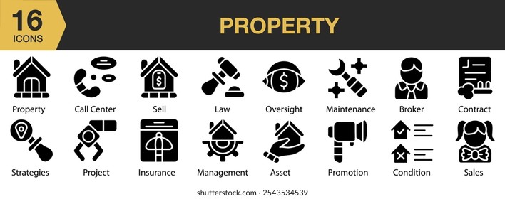 Property icon set. Includes strategies, sell, sales, property, promotion, project, and More. Solid icons vector collection.