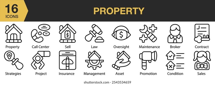 Property icon set. Includes strategies, sell, sales, property, promotion, project, and More. Outline icons vector collection.