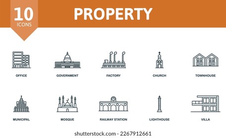 Property icon set. Monochrome simple Property icon collection. Office, Government, Factory, Church, Townhouse, Municipal, Mosque, Railway Station, Lighthouse, Villa icon