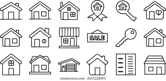 property icon set, solid black, house building key apartment, editable real estate symbols, clean flat no text outline style