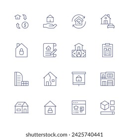 Property icon set. Thin line icon. Editable stroke. Containing investment, refinance, asset, realestate, property, modernhouse, house, properties, contract.