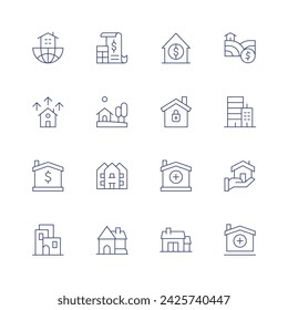 Property icon set. Thin line icon. Editable stroke. Containing realestate, home, growth, privateproperty, property, house, land, buyhome.