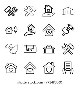 Property icons. set of 16 editable outline property icons such as home, holding document, hummer, wrench hummer, house with heart, house and tree, home with heart, rent tag