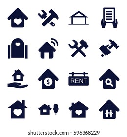 property icons set. Set of 16 property filled icons such as home, home care, holding document, hummer and wrench, hummer, house sale, rent tag, house signal, wrench hummer