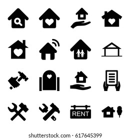 Property icons set. set of 16 property filled icons such as home, home care, holding document, hummer and wrench, hummer, rent tag, house insurance, house signal