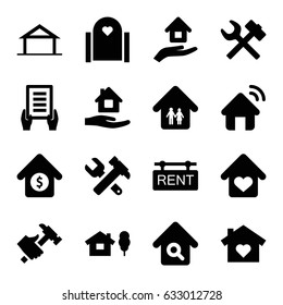 Property icons set. set of 16 property filled icons such as home, home care, holding document, hummer and wrench, hummer, house sale, rent tag, house insurance, wrench hummer
