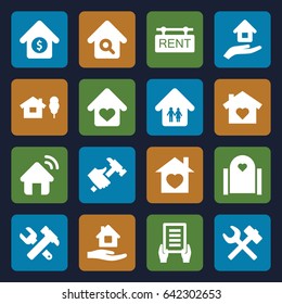 Property icons set. set of 16 property filled icons such as home care, holding document, hummer and wrench, hummer, home with heart, house sale, rent tag, house insurance