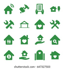 Property icons set. set of 16 property filled icons such as home, home care, holding document, hummer and wrench, hummer, house sale, house insurance, wrench hummer