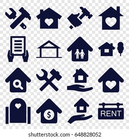 Property icons set. set of 16 property filled icons such as home, home care, holding document, hummer and wrench, hummer, house sale, rent tag, house insurance, wrench hummer