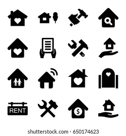 Property icons set. set of 16 property filled icons such as home care, holding document, hummer and wrench, hummer, home with heart, house sale, rent tag, house insurance