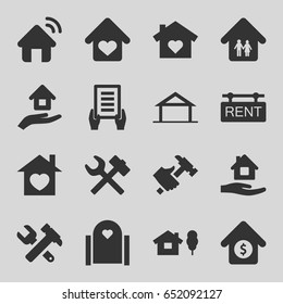 Property icons set. set of 16 property filled icons such as home, home care, holding document, hummer and wrench, hummer, house sale, rent tag, house insurance, wrench hummer