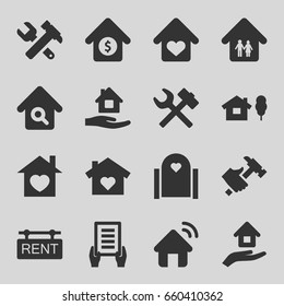 Property icons set. set of 16 property filled icons such as home care, holding document, hummer and wrench, hummer, home with heart, house sale, rent tag, house insurance