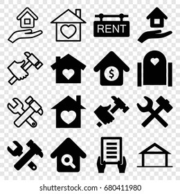 Property icons set. set of 16 property filled and outline icons such as home, holding document, hummer and wrench, hummer, home with heart, home search, house sale, rent tag