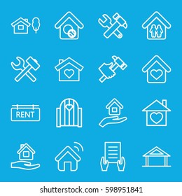 property icons set. Set of 16 property outline icons such as home, home care, holding document, hummer and wrench, hummer, rent tag, house insurance, house signal