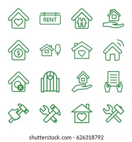 Property icons set. set of 16 property outline icons such as home care, holding document, hummer and wrench, hummer, home with heart, house sale, rent tag, house insurance