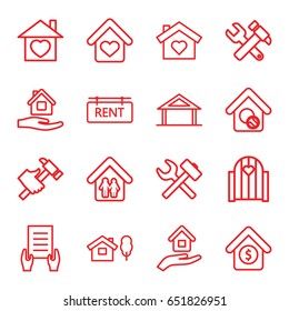 Property icons set. set of 16 property outline icons such as home, home care, holding document, hummer and wrench, hummer, house sale, rent tag, house insurance, wrench hummer