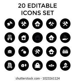 Property icons. set of 20 editable filled property icons such as holding document, hummer and wrench, hummer, wrench hummer. best quality property elements in trendy style.