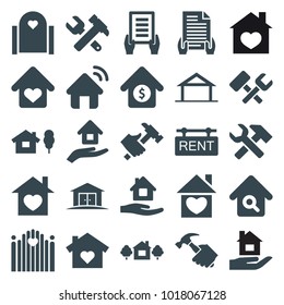 Property icons. set of 25 editable filled property icons such as home, home care, holding document, hummer and wrench, hummer, house with heart, house and tree, gate, rent tag
