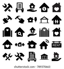 Property icons. set of 25 editable filled property icons such as home, home care, holding document, hummer and wrench, hummer, house with heart, house and tree, gate, rent tag