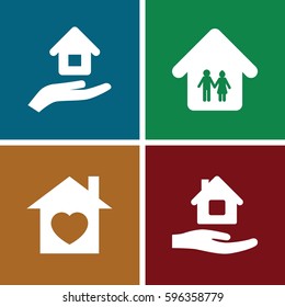 property icons set. Set of 4 property filled icons such as home care, home with heart, family home