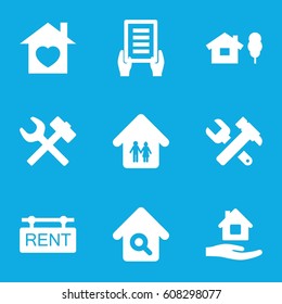 Property icons set. set of 9 property filled icons such as home care, holding document, hummer and wrench, home with heart, rent tag, wrench hummer