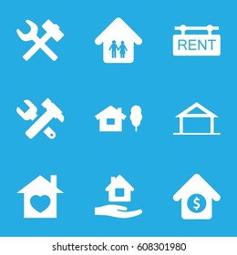 Property icons set. set of 9 property filled icons such as home, home care, hummer and wrench, house sale, rent tag, wrench hummer