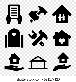 Property icons set. set of 9 property filled icons such as home, home care, holding document, hummer and wrench, hummer, family home, house insurance, house with heart