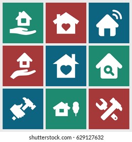 Property icons set. set of 9 property filled icons such as home care, hummer and wrench, hummer, home with heart, home search, house insurance