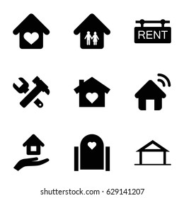 Property icons set. set of 9 property filled icons such as home, hummer and wrench, family home, love home, rent tag, house insurance, house signal, house with heart